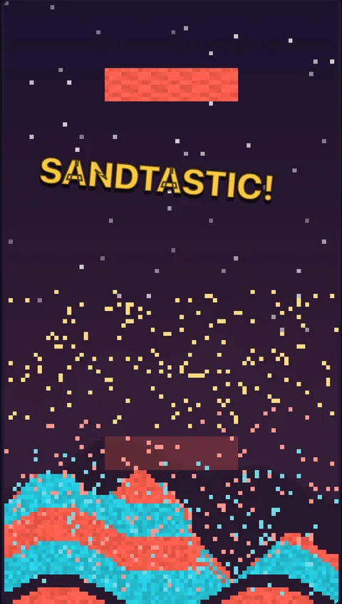 A yellow sand bridge clearing in Sandslide, bursting into grains with the word SANDTASTIC on screen